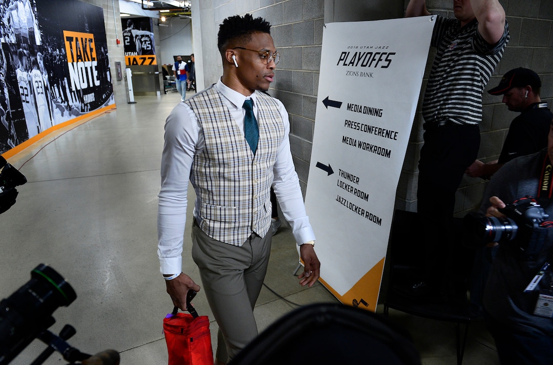 (Scott Sommerdorf | The Salt Lake Tribune)
Thunder forward Russell Westbrook arrives prior to Game 6 of the first round playoff game between Utah and Oklahoma City, Friday, April 27, 2018.