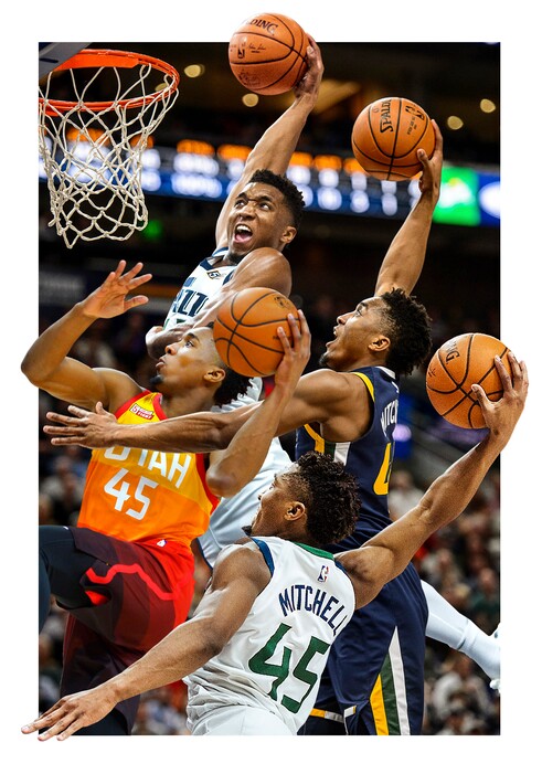 (Photo illustration by Francisco Kjolseth)  "Jazz rookie Donovan Mitchell, one of four contestant in this year's All-Star Weekend Dunk Contest, has electrified NBA fans with his explosiveness going to the rim."