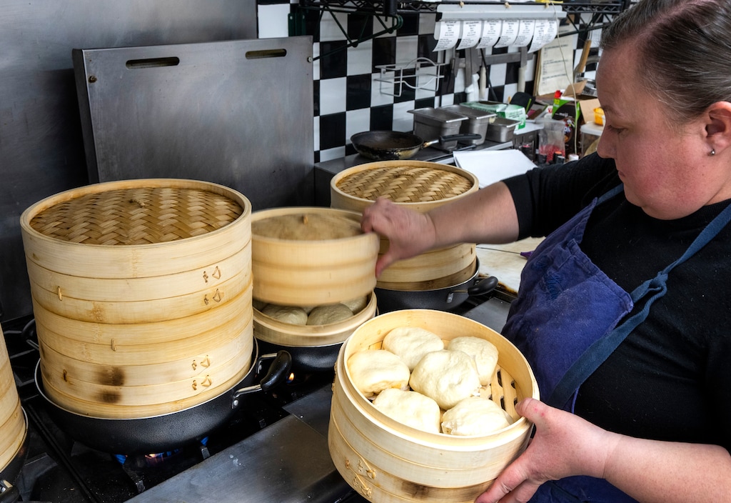 (Rick Egan | The Salt Lake Tribune)  Romina Rasmussen steams Chinese buns at Xiao Bao Bao bakery, on  Friday, Feb. 10, 2023.