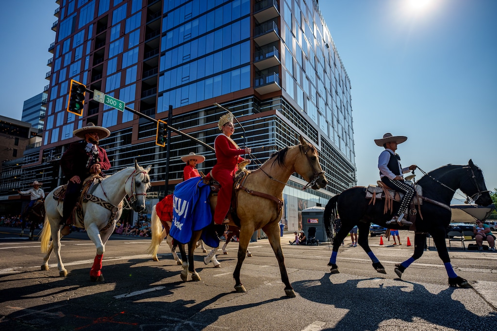 (Trent Nelson  |  The Salt Lake Tribune) Riders with Nuestra Senora at the Days of ’47 Parade in Salt Lake City on Wednesday, July 24, 2024.