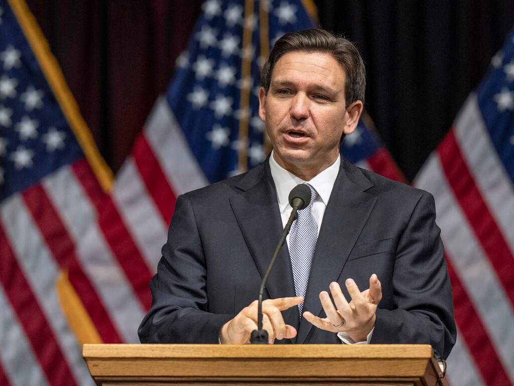 (Leah Hogsten | The Salt Lake Tribune) Florida Gov. Ron DeSantis delivers the keynote address at the Utah Republican Party 2023 Organizing Convention at Utah Valley University's UCCU Center on Saturday, April 22, 2023.