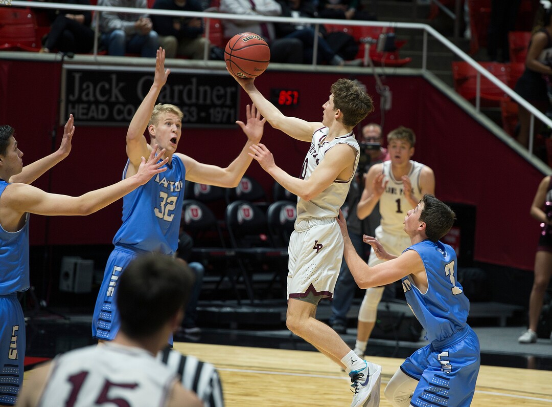 Scott Sommerdorf | The Salt Lake TribuneLone ear's Chantry Ross shoots during second half play, Lone Peak beat Layton 82-47, in a boy's 6A semi-final, FrIday, March. 2, 2018.