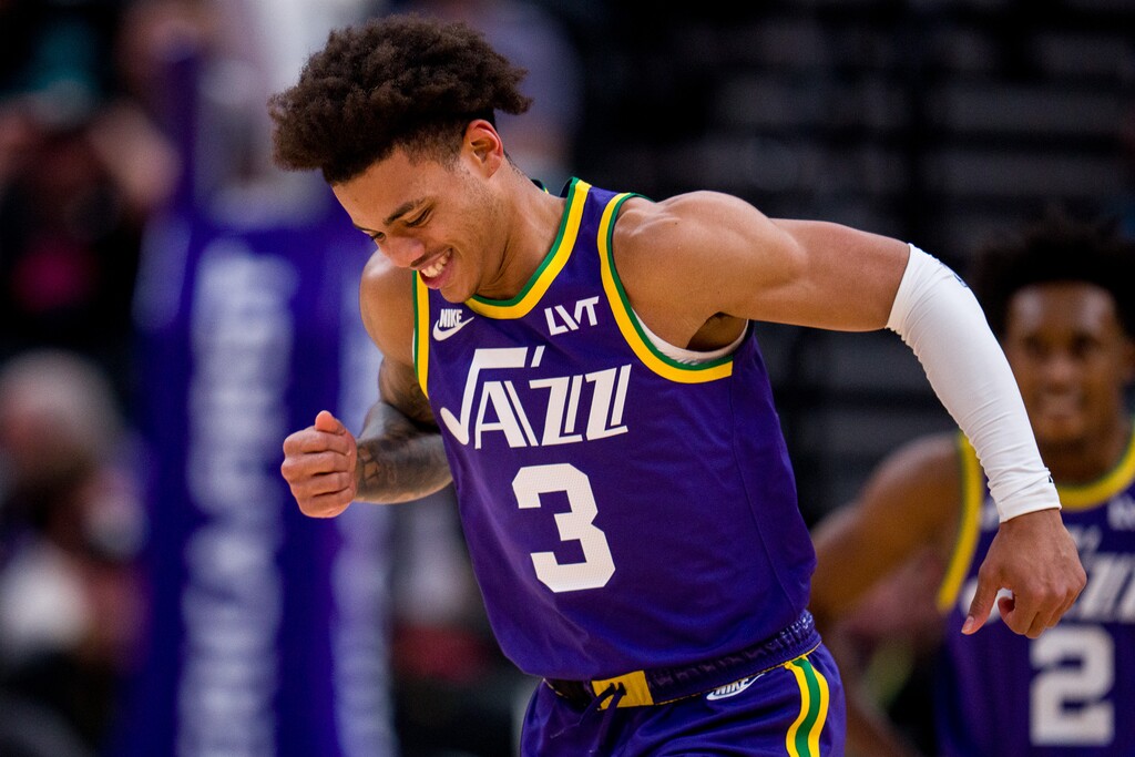 (Trent Nelson  |  The Salt Lake Tribune) Utah Jazz guard Keyonte George (3) limps off the court as the Utah Jazz host the New York Knicks, NBA basketball on Wednesday, Dec. 13, 2023.