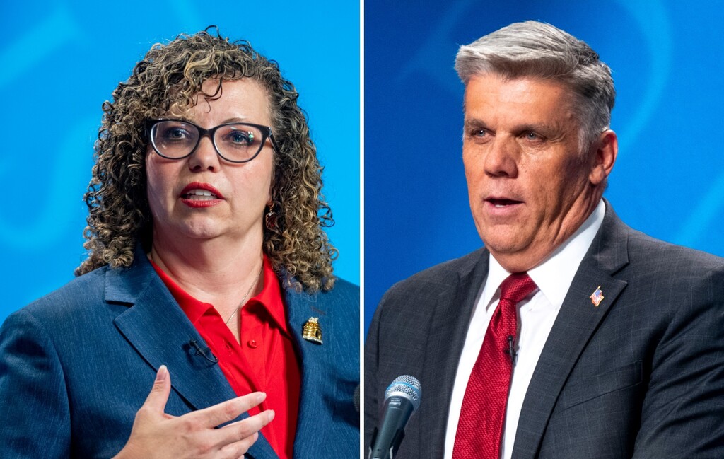(Rick Egan | The Salt Lake Tribune) Celeste Maloy, left, and Phil Lyman, candidates for the GOP nomination for the 3rd Congressional District, speaking at their only broadcast debate on Monday, June 1, 2026.