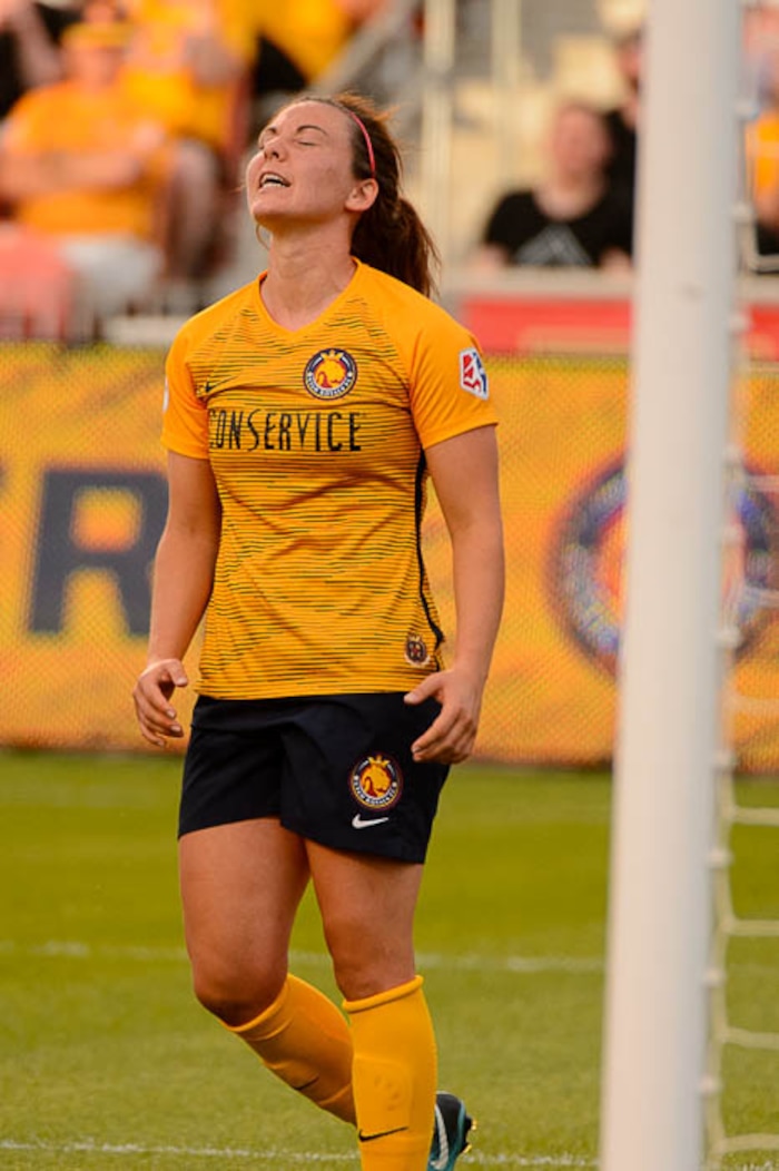 (Trent Nelson | The Salt Lake Tribune)  Utah Royals host Orlando Pride at Rio Tinto Stadium in Sandy, Wednesday May 9, 2018. Utah Royals FC defender Rachel Corsie (2) reacts to a missed shot.