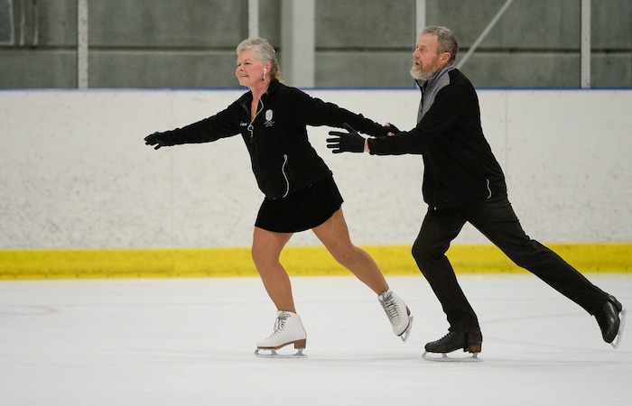 (Francisco Kjolseth  |  The Salt Lake Tribune)  Glen and Diane Gleving, both 65, from Minnesota glide along the ice as they put in a practice session to work on their couples routine on Wed. April 3, 2019. The couple started skating together in their late 30's and find it to be a great de-stressor. The pair are just some of the more senior skaters participating in the 2019 U.S. Adult Figure Skating Championships, now in its 25th year, being held at the SLC Sports Complex. Over 600 skaters between 21 and 80 will compete April 3-6.