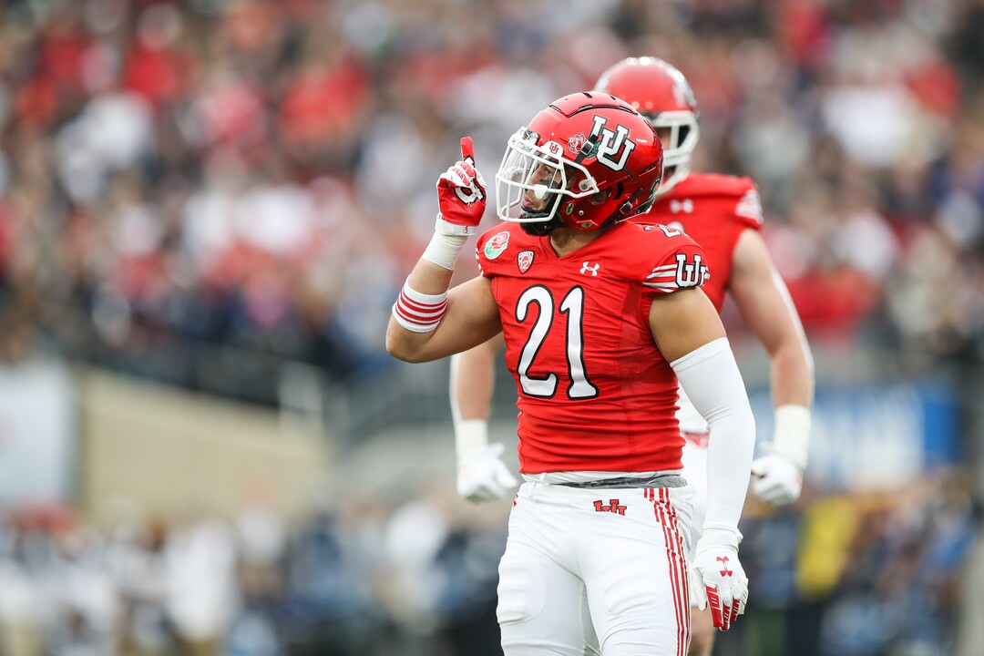 (Meg Oliphant | Special to The Tribune) Utah linebacker Karene Reid (21) celebrates his tackle in the first quarter at Rose Bowl Stadium on Jan. 2, 2023 in Pasadena, California.