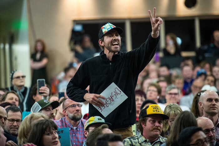 Chris Detrick  |  The Salt Lake Tribune
Jesse Brown asks a question during the town-hall meeting with U.S. Rep. Jason Chaffetz, R-Utah, in Brighton High School Thursday February 9, 2017. 