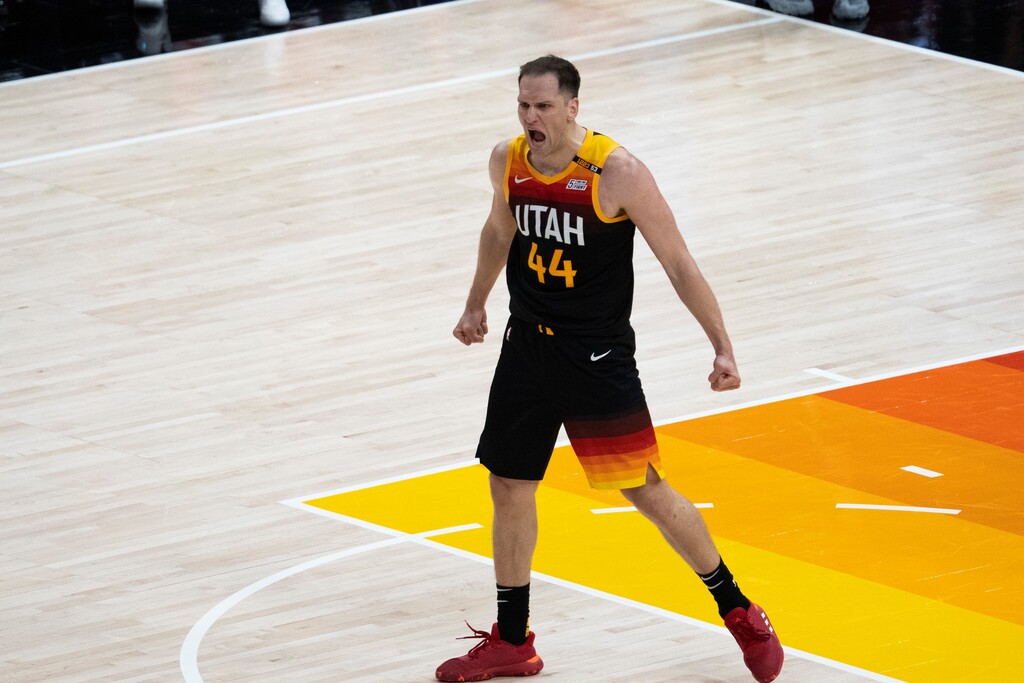 (Rick Egan | The Salt Lake Tribune) Utah Jazz forward Bojan Bogdanovic (44) reacts after sining a 3-pointer to but the Jazz up by 10 points late in the 4th quarter, in NBA action between the Utah Jazz and the LA Clippers, in game one in the second round of the NBA playoff series at Vivint Arena, on Tuesday, June 8, 2021.