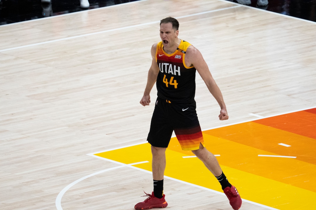 (Rick Egan | The Salt Lake Tribune) Utah Jazz forward Bojan Bogdanovic (44) reacts after sining a 3-pointer to but the Jazz up by 10 points late in the 4th quarter, in NBA action between the Utah Jazz and the LA Clippers, in game one in the second round of the NBA playoff series at Vivint Arena, on Tuesday, June 8, 2021.