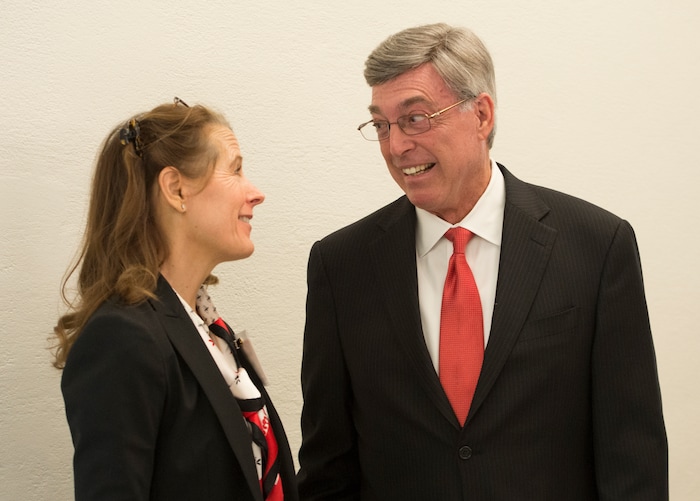 (Rick Egan  |  The Salt Lake Tribune)     Gary Crocker, visits with Bonnie jean Beesly, member of NAC, at the opening of the new Gary and Ann Crocker Science Center on Presidents Circle, Thursday, April 19, 2018.


