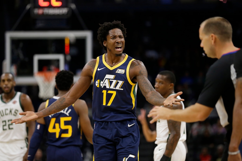 Utah Jazz's Ed Davis argues with an official during the first half of the team's preseason NBA basketball game against the Milwaukee Bucks on Wednesday, Oct. 9, 2019, in Milwaukee. (AP Photo/Aaron Gash)