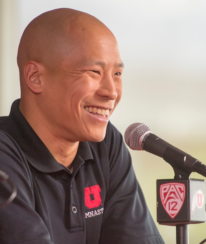 (Rick Egan  |  Tribune file photo)  Tom Farden talks about his position as a co-gymnastics coach with Megan Marsden, at a news conference at the Huntsman Center, Tuesday, April 21, 2015.