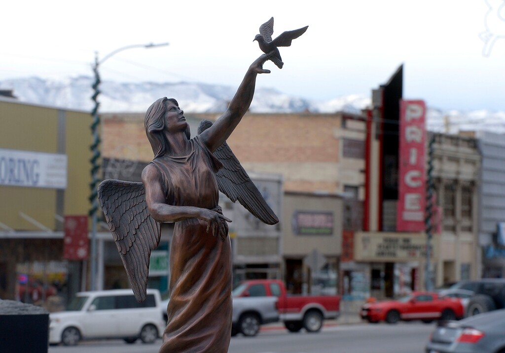 Al Hartmann | The Salt Lake Tribune
Angel and dove statue of the Coal Miner Memorial is placed prominently in the center of Price's Main street. Businesses have suffered in the past few years with the closing of local mines and low demand for coal. With the election of Donald Trump people in Carbon and Emery Counties breathed a sigh of relief and are hopeful that the coal industry can be saved.