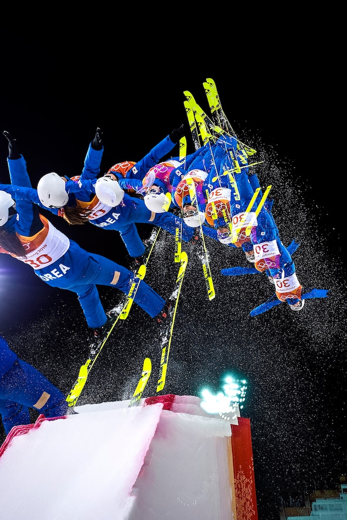 (Chris Detrick  |  The Salt Lake Tribune)   (Multiple exposure image) Korea's Kyoungeun Kim practices before the Ladies' Aerials Qualification at Phoenix Park during the Pyeongchang 2018 Winter Olympics Thursday, Feb. 15, 2018. 