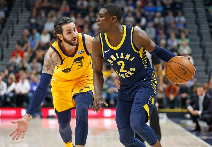 Utah Jazz guard Ricky Rubio (3) guards Indiana Pacers guard Darren Collison (2) in the first half during an NBA basketball game Monday, Jan. 15, 2018, in Salt Lake City. (AP Photo/Rick Bowmer)