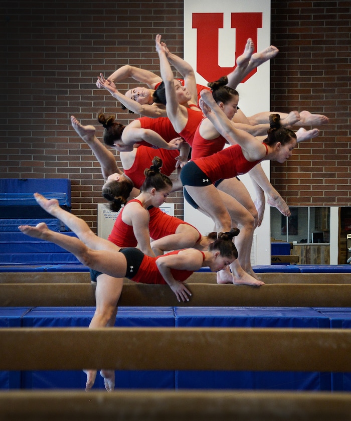 (Francisco Kjolseth  |  The Salt Lake Tribune)   Utah's Adrienne Randall does things no one else can do on balance beam, including her signature move called the Rulfova, a full twisting swing down.