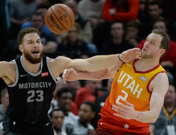 (Francisco Kjolseth  |  The Salt Lake Tribune)  Detroit Pistons forward Blake Griffin (23) battles Utah Jazz forward Joe Ingles (2) for a loose ball in the first half of their NBA game at Vivint Smart Home Arena Monday, Jan. 14, 2019, in Salt Lake City.