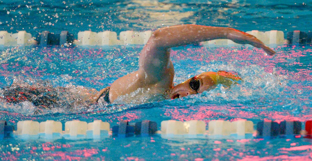 (Leah Hogsten  |  The Salt Lake Tribune)  Maple Mountain's Makayla Cazier swims a 5:02.45 in the 500 yard freestyle at the Class 5A State Championships in Bountiful, Saturday, February 10, 2018. 