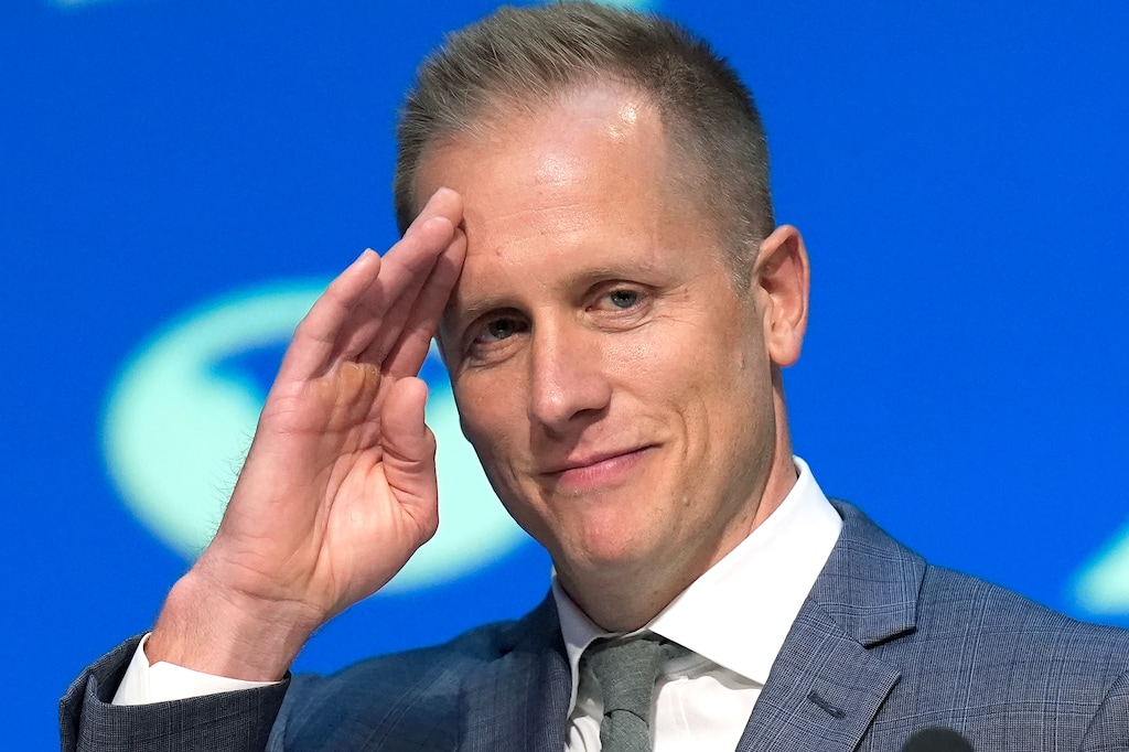 BYU men's basketball coach Kevin Young gestures during his introductory news conference Wednesday, April 17, 2024, in Provo, Utah. (AP Photo/Rick Bowmer)