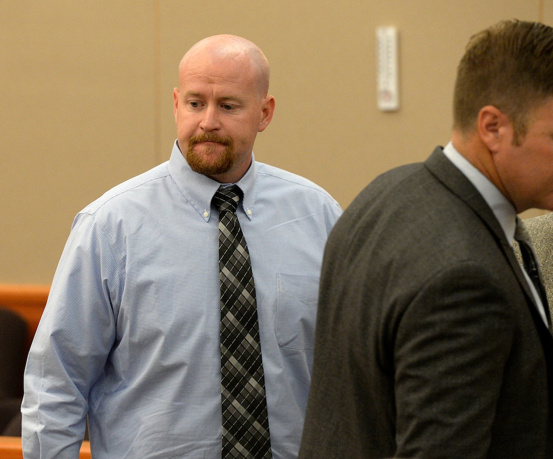 (Al Hartmann  |  Tribune file photo) Deputy Joshua Cox appears in Third District Court in Park City July 17, 2017, before Judge Kent Holmberg.  He along with former Daggett County Sheriff Jerry Jorgensen and former jail commander Lt. Benjamin Lail are up on charges connected to the abuse of jail inmates at the Daggett County jail.