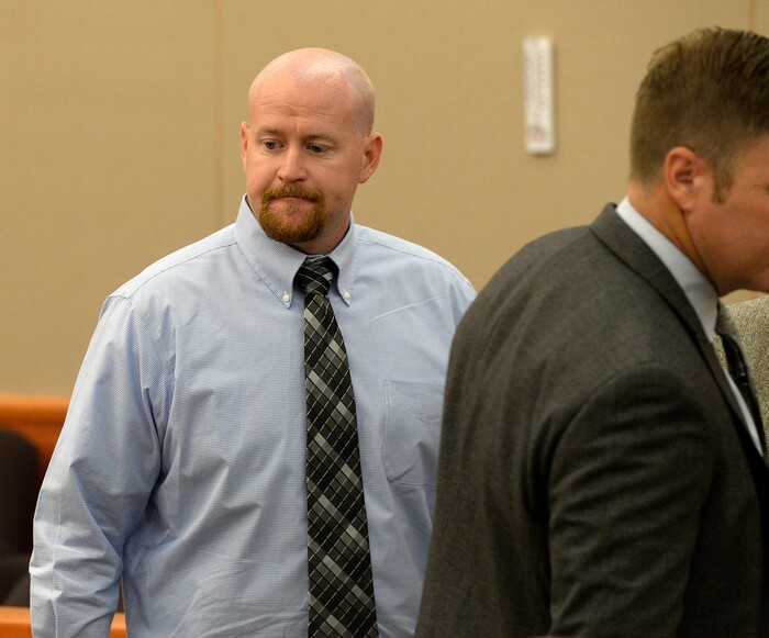 (Al Hartmann | Tribune file photo) Deputy Joshua Cox appears in Third District Court in Park City July 17, 2017, before Judge Kent Holmberg. He along with former Daggett County Sheriff Jerry Jorgensen and former jail commander Lt. Benjamin Lail are up on charges connected to the abuse of jail inmates at the Daggett County jail.