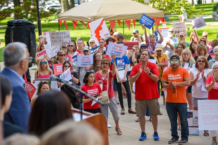 (Leah Hogsten  |  The Salt Lake Tribune) “This is our sad, descriptive, painful reality,” said Salt Lake County District Attorney Sim Gill, who was well received by the crowd. Members of Moms Demand Action for Gun Sense in America gathered at Washington Square Park to demand change in gun laws in reaction to the August mass shootings in Dayton, Ohio and El Paso, Texas, and the hundreds of Americans who are wounded and killed by gun violence every day.