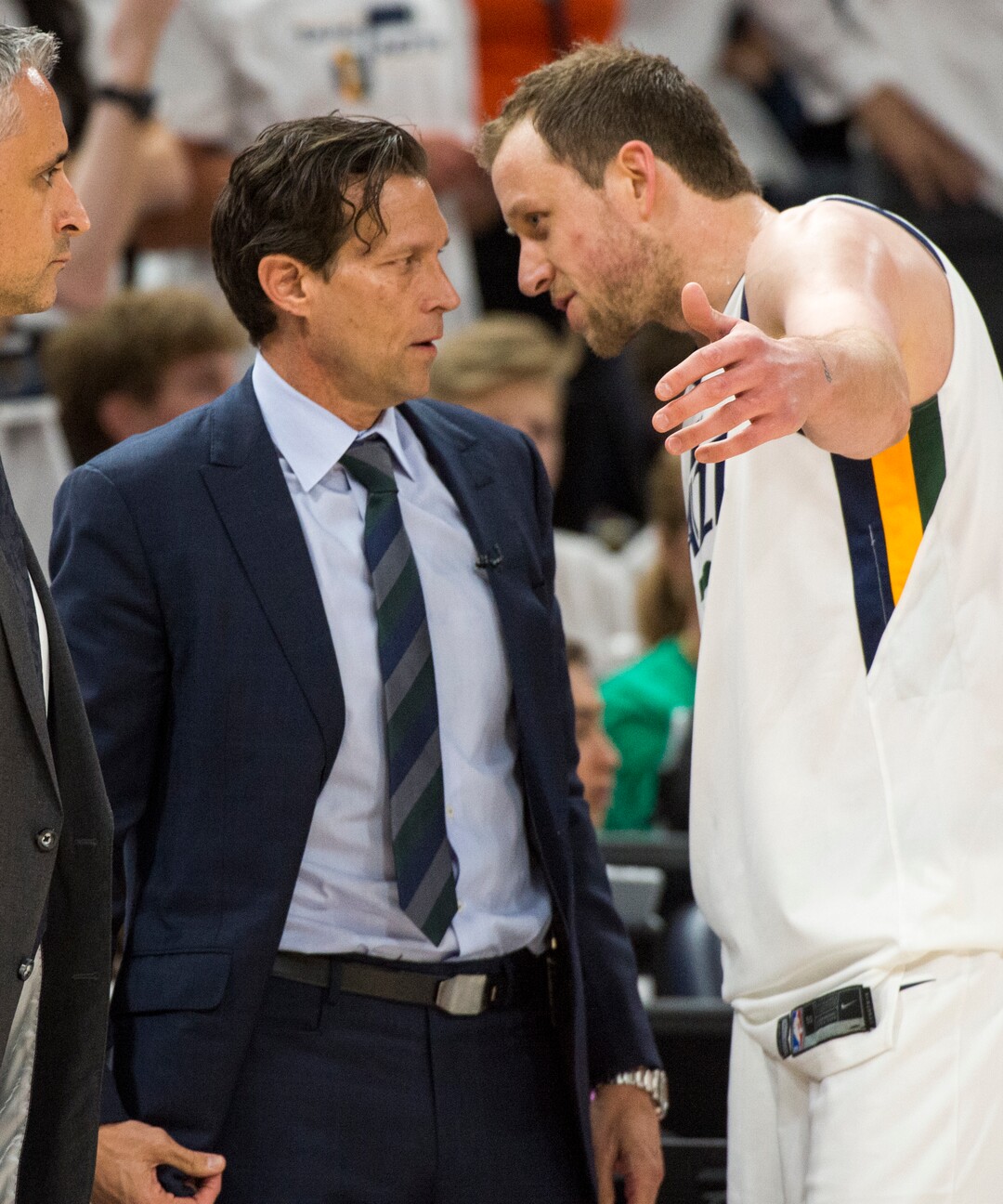 (Rick Egan  |  The Salt Lake Tribune) Utah Jazz head coach Quin Snyder chats with Utah Jazz forward Joe Ingles (2) during a break in the action in game 4, NBA playoff action between Utah Jazz and Oklahoma City Thunder, in Salt Lake City, Monday April 23, 2018.
