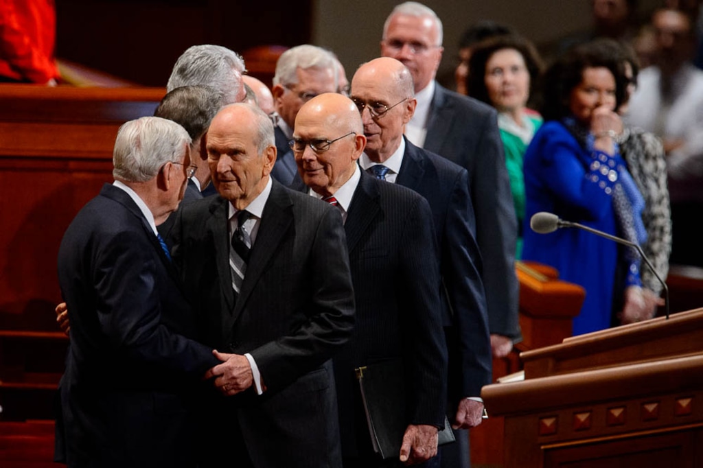 (Trent Nelson | The Salt Lake Tribune)  
President Russell M. Nelson greets church leaders at the General Conference of The Church of Jesus Christ of Latter-day Saints in Salt Lake City, Saturday, Oct. 6, 2018.