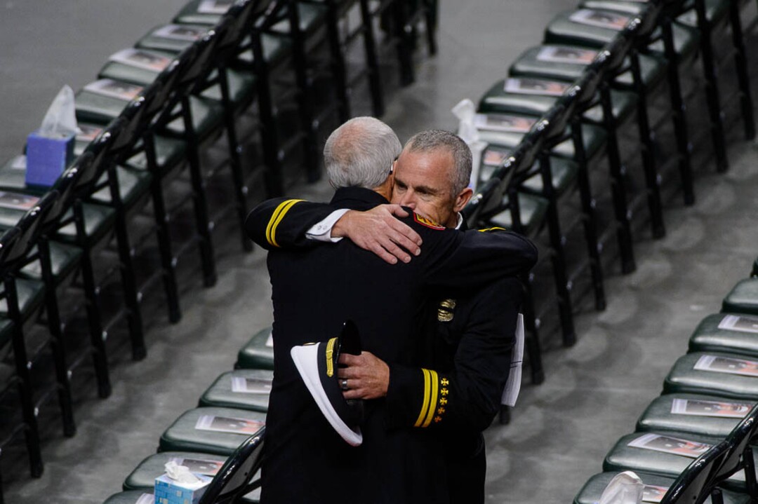 (Trent Nelson | The Salt Lake Tribune)  Funeral services for Battalion Chief Matthew Burchett at the Maverik Center in West Valley City, Monday Aug. 20, 2018.