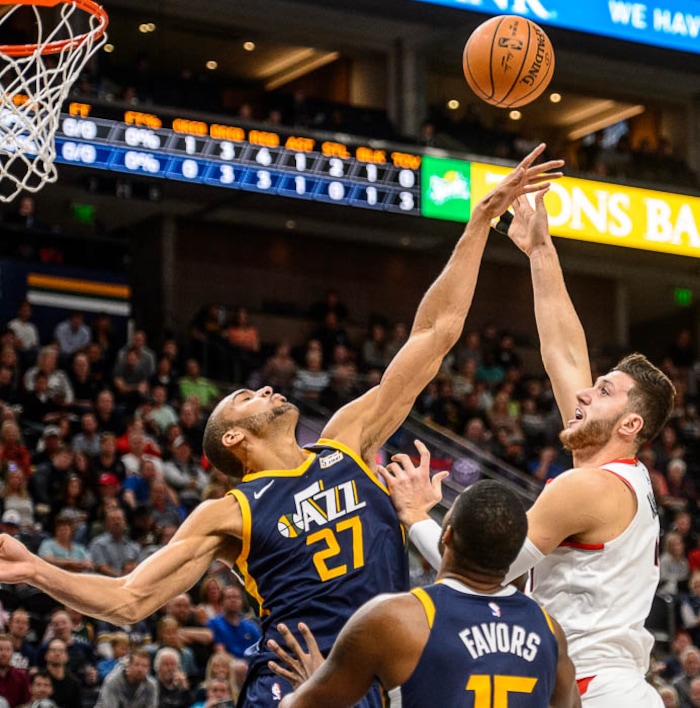 (Trent Nelson | The Salt Lake Tribune)  Portland Trail Blazers center Jusuf Nurkic (27) shoots over Utah Jazz center Rudy Gobert (27) as the Utah Jazz host the Portland Trail Blazers, NBA basketball in Salt Lake City, Wednesday November 1, 2017.