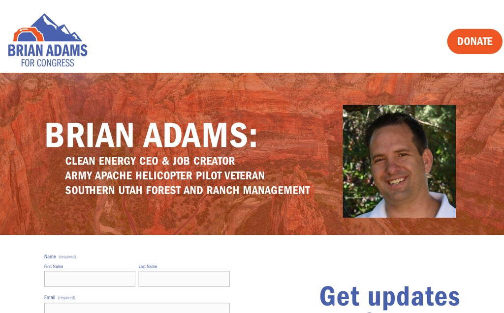 (Screenshot) This screenshot taken April 26, 2024, shows Brian Adams' congressional campaign website.