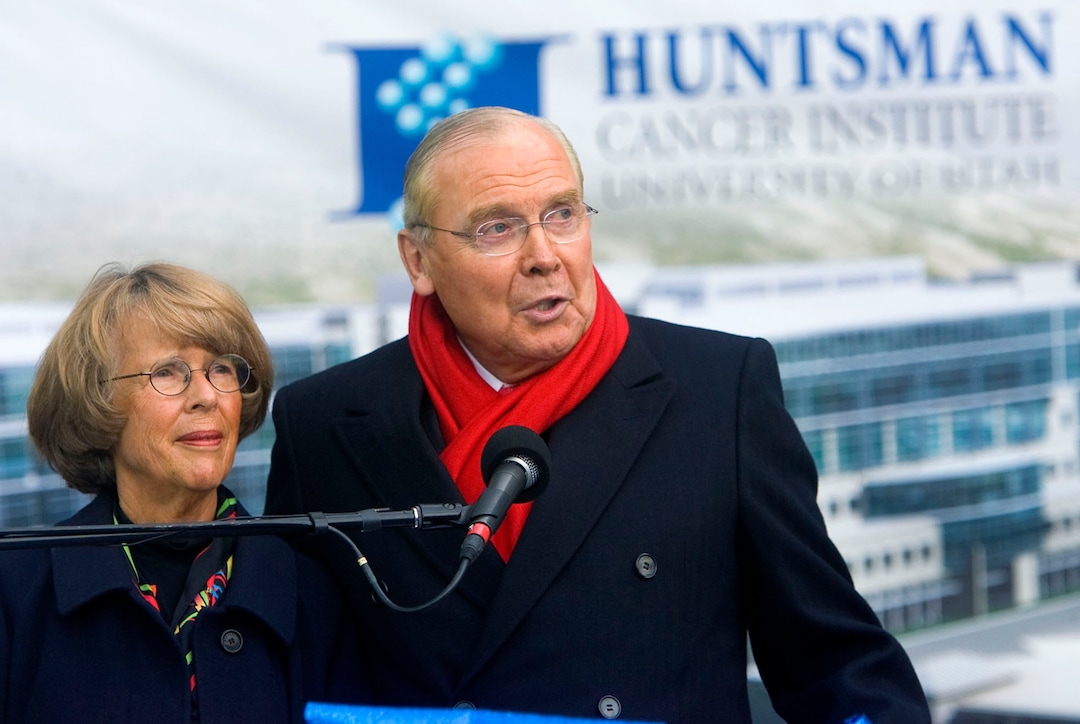 (Al Hartmann  |  The Salt Lake Tribune) Karen and Jon Huntsman speak at the dedication of the Huntsman Cancer Institute Hospital expansion on October 28, 2011.