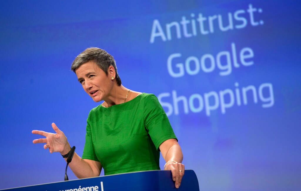 European Union Commissioner for Competition Margrethe Vestager speaks during a media conference at EU headquarters in Brussels on Tuesday, June 27, 2017. The European Union's competition watchdog has fined internet giant Google over its online shopping service. (AP Photo/Virginia Mayo)
