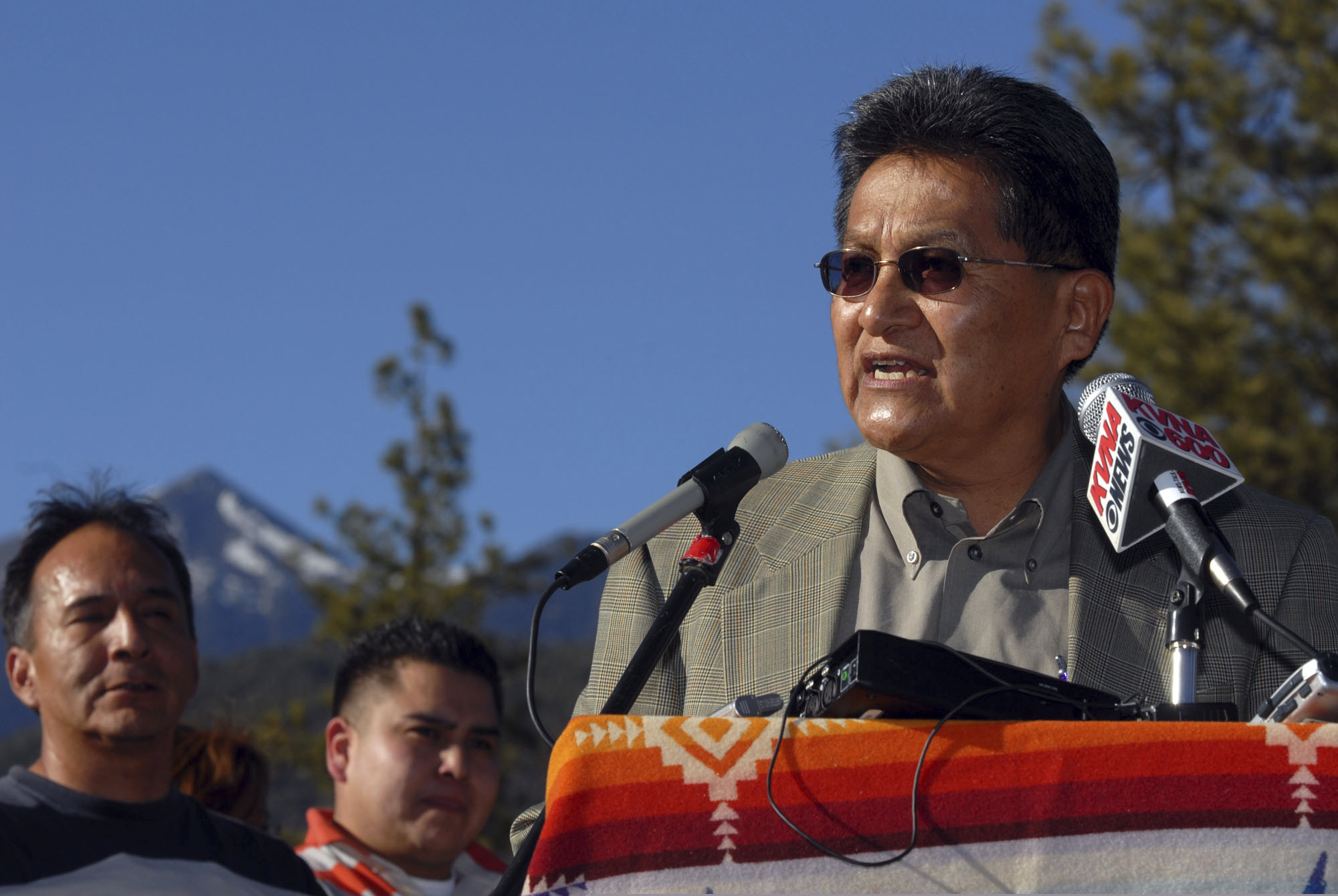 (Jake Bacon/Arizona Daily Sun via AP) In this March 12, 2007 file photo, Ben Nuvamsa, chairman of the Hopi Tribe, speaks at a news conference in Buffalo Park in Flagstaff, Ariz. Native American groups are pressing for permanent protections for grizzly bears, a species some tribes consider sacred but that has been proposed for hunting in Wyoming and Idaho. Tribal representatives were scheduled to appear Wednesday, May 15, 2019, before Congress in support of legislation to block grizzly hunting in the Lower 48 states, regardless of the species' population size. Nuvamsa says grizzlies play a central role in the traditions and ceremonies of many tribes.