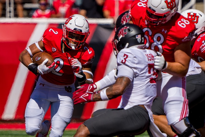 (Trent Nelson  |  The Salt Lake Tribune) Utah Utes running back Micah Bernard (2) runs the ball as the University of Utah hosts Washington State, NCAA football in Salt Lake City on Saturday, Sept. 25, 2021.