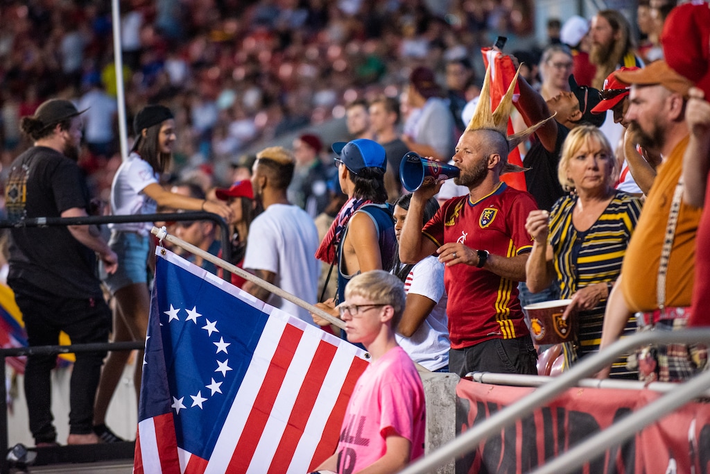(Photo courtesy of Lucas Muller | RSL Soapbox) A Betsy Ross flag hangs in the Real Salt Lake supporters section during a game against LAFC on Aug. 17, 2019, at Rio Tinto Stadium.