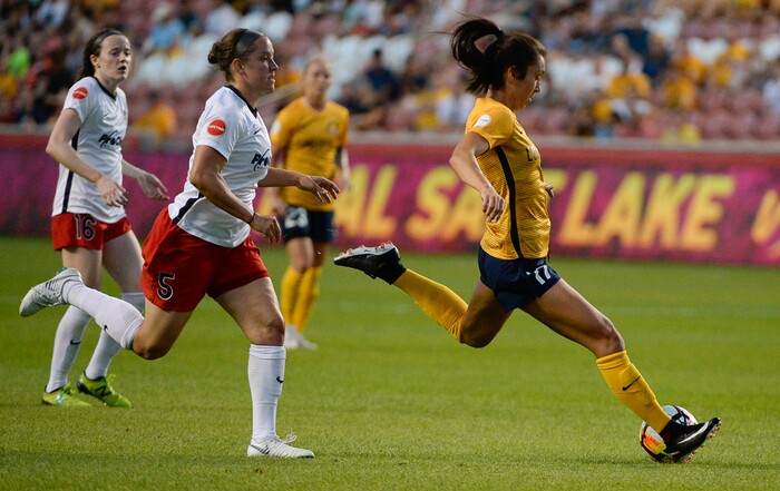 (Francisco Kjolseth  |  The Salt Lake Tribune)  Utah Royals FC hosts Washington Spirit, NWSL soccer at Rio Tinto Stadium in Sandy, Wed. Aug. 8, 2018. Utah Royals FC defender Sydney Miramontez (17) lets it rip in the first half during a drive on the goal. 