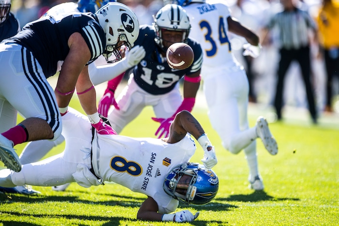 (Chris Detrick  |  The Salt Lake Tribune)  Brigham Young Cougars running back Brayden El-Bakri (35) tackles San Jose State Spartans wide receiver Rahshead Johnson (8) on the opening kick-off during the game at LaVell Edwards Stadium Saturday, October 28, 2017.  