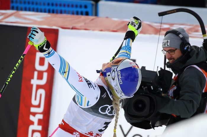 United States' Lindsey Vonn reacts in the finish area after the women's downhill race, at the alpine ski World Championships in Are, Sweden, Sunday, Feb. 10, 2019. (AP Photo/Marco Trovati)