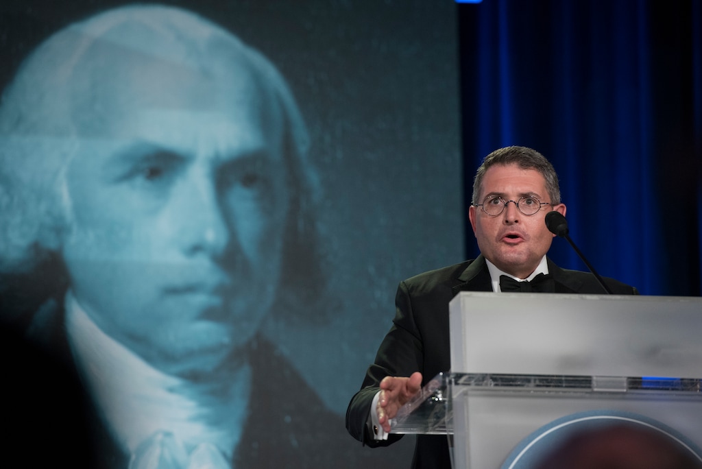 (Sait Serkan Gurbuz | AP) Leonard Leo, the executive vice president of the Federalist Society, speaks at the 2017 National Lawyers Convention in Washington, Thursday, Nov. 16, 2017.