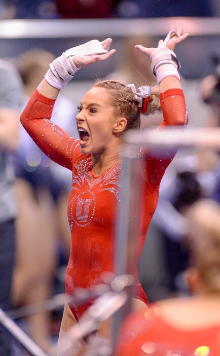 Leah Hogsten  |  The Salt Lake Tribune Utah's MyKayla Skinner on the bars as No. 3 University of Utah gymnastics team meets BYU gymnastics at the Marriot Center, Jan. 10, 2019.