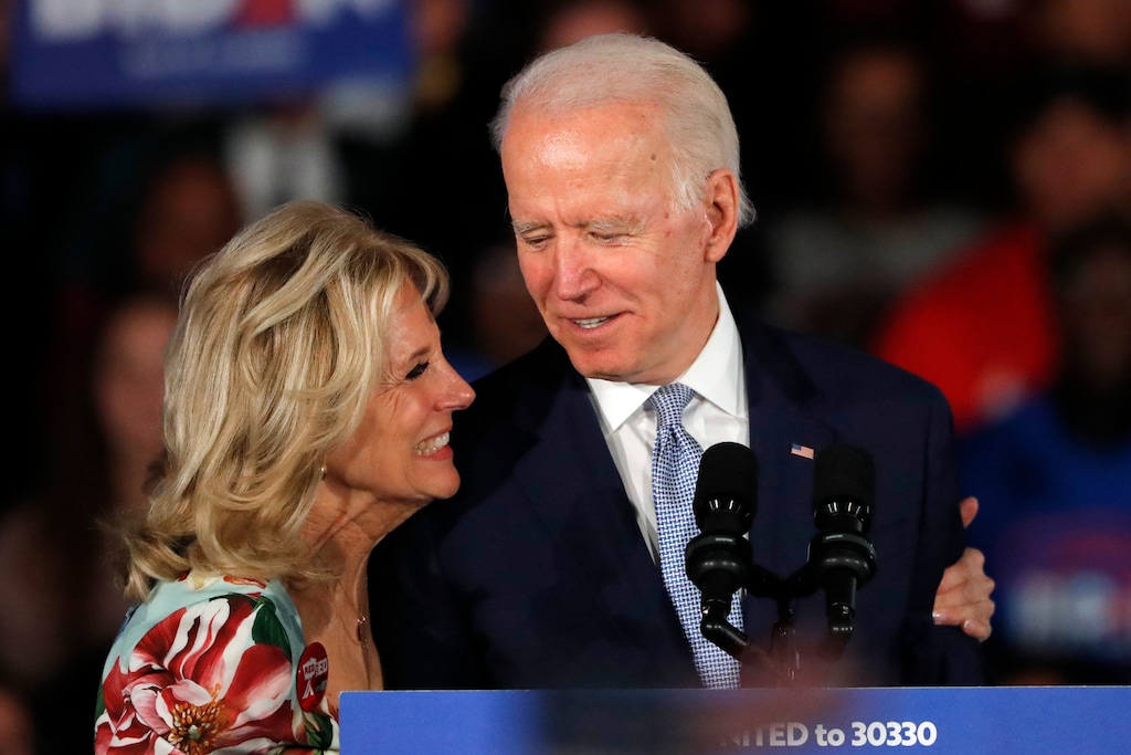 (Gerald Herbert | The Associated Press)
Democratic presidential candidate former Vice President Joe Biden, accompanied by his wife Jill Biden, speaks at a primary night election rally in Columbia, S.C., Saturday, Feb. 29, 2020.