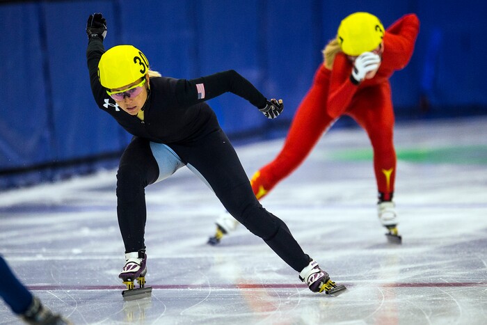 (Chris Detrick | The Salt Lake Tribune) Jessica Kooreman (309) competes in the US Short Track Fall World Cup Qualifier at the Utah Olympic Oval Saturday, August 19, 2017.
