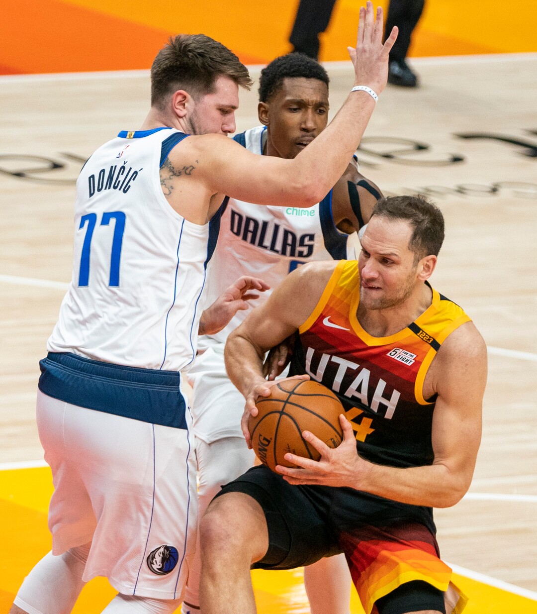 (Rick Egan | The Salt Lake Tribune)  Utah Jazz forward Bojan Bogdanovic (44) takes the ball to the hoop, as Dallas Mavericks guard Josh Richardson (0) and Dallas Mavericks guard Luka Doncic (77) defend, in NBA action between the Utah Jazz and the Dallas Mavericks at Vivint Arena, on Friday, Jan. 29, 2021.