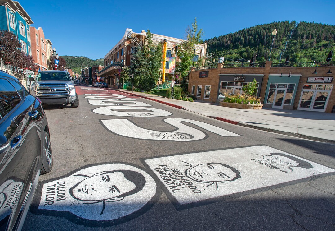 (Rick Egan  |  The Salt Lake Tribune)     Artists painted “Justicia Para Todos” on Main Street in Park City over the weekend, Monday, July 6, 2020.