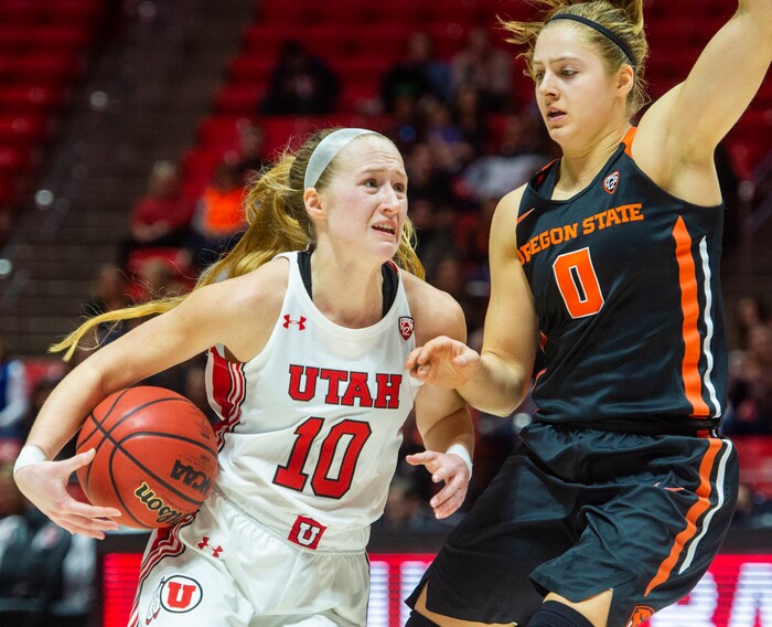 (Rick Egan  |  The Salt Lake Tribune)     Utah Utes guard Dru Gylten (10) takes the ball to the hoop, as Oregon State Beavers guard Mikayla Pivec (0) defends, in PAC-12 basketball action between the Utah Utes and the Oregon State Beavers at the Jon M. Huntsman Center, Saturday, Feb. 1, 2020.