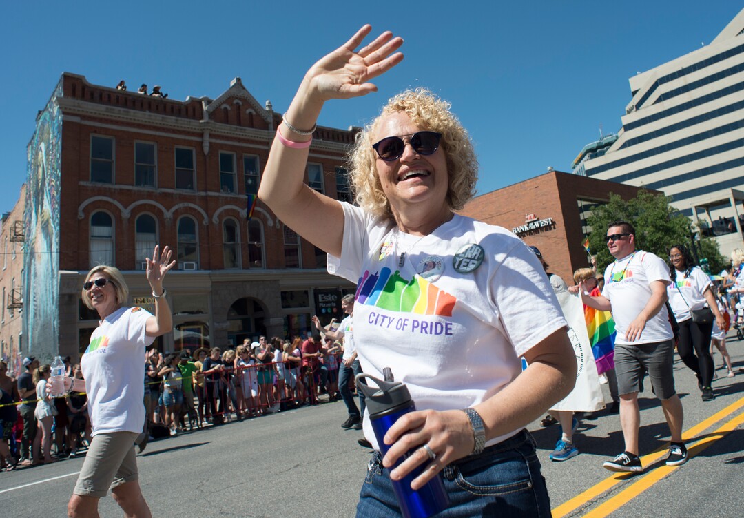 (Rick Egan  |  The Salt Lake Tribune)   Salt Lake City Mayor, Jackie Biskupski waves to the crowd, as she walks in the Utah Pride Parade, Sunday, June 3, 2018.
