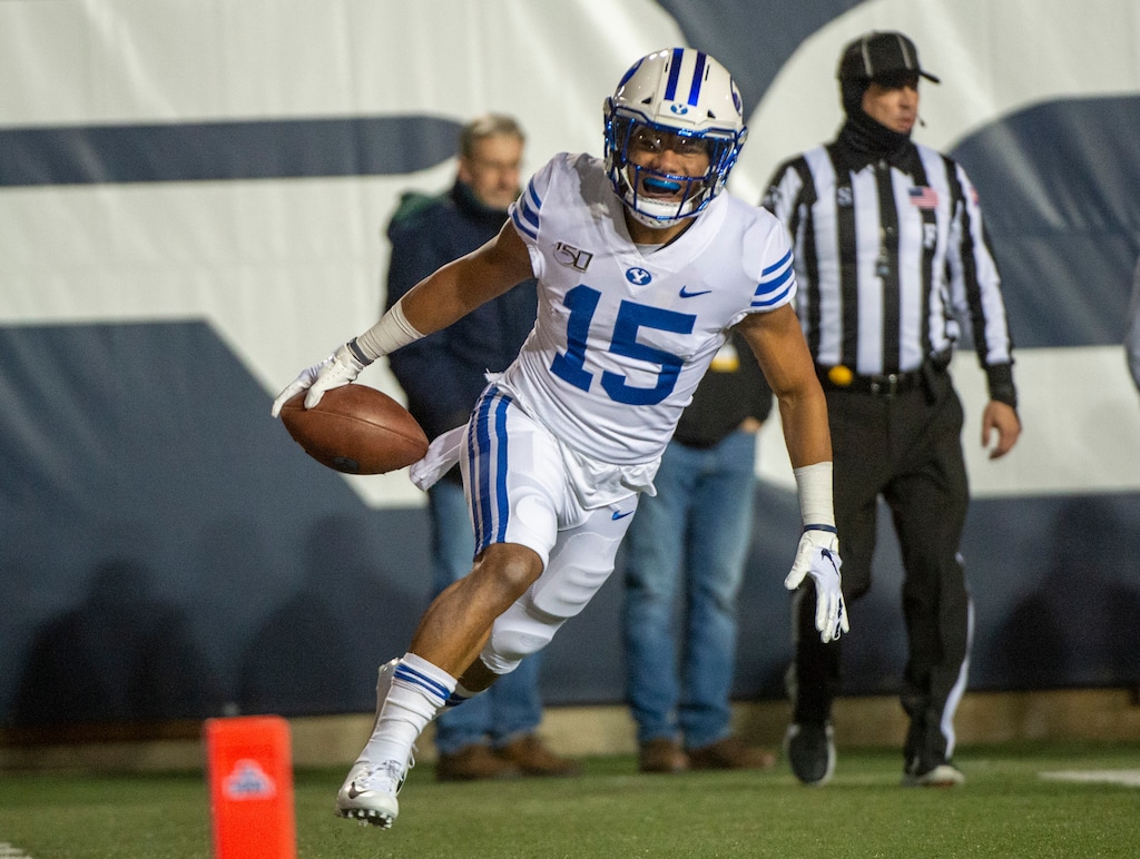 (Rick Egan  |  The Salt Lake Tribune)     BYU wide receiver Aleva Hifo (15) celebrates as he scores a touchdown for BYU on the Cougars opening drive of the game, in football action between Brigham Young Cougars and Utah State Aggies in Logan, Saturday, Nov. 2, 2019.