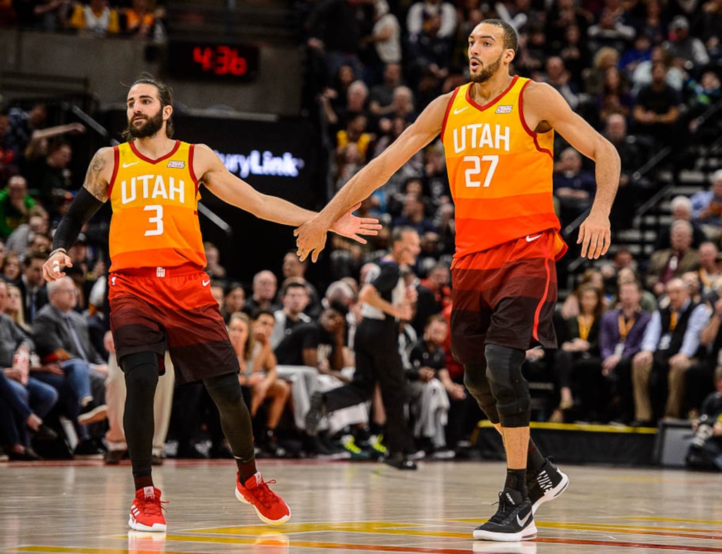 (Trent Nelson | The Salt Lake Tribune)  Utah Jazz guard Ricky Rubio (3) and Utah Jazz center Rudy Gobert (27) high-five after a Gobert dunk as the Utah Jazz host the San Antonio Spurs, NBA basketball in Salt Lake City on Saturday Feb. 9, 2019.